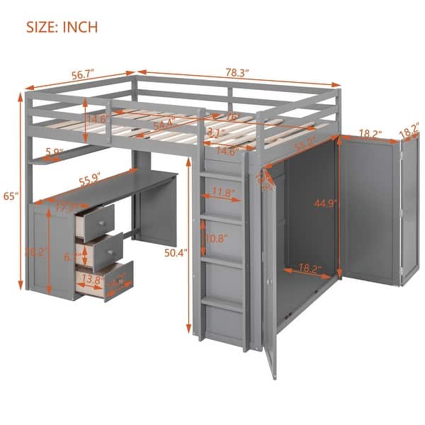dimension image slide 1 of 3, Full Loft Bed with Drawers, Desk, Wardrobe, and Guardrails