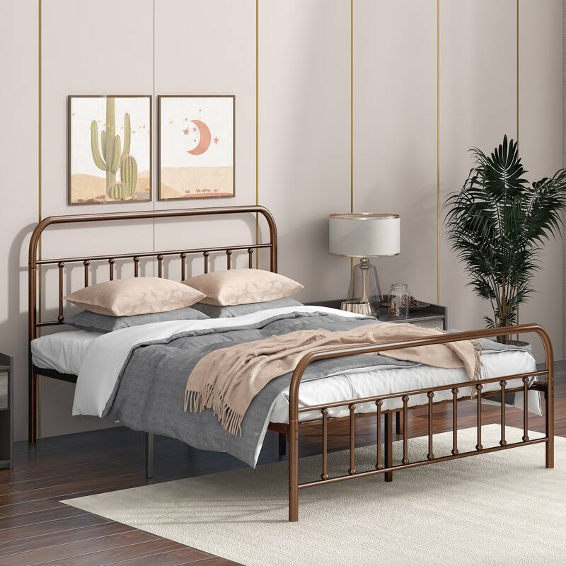 Metal Platform Bed Frame with Headboard and Footboard, Heavy Duty Slat Support/Underbed Storage Space, Vintage Style