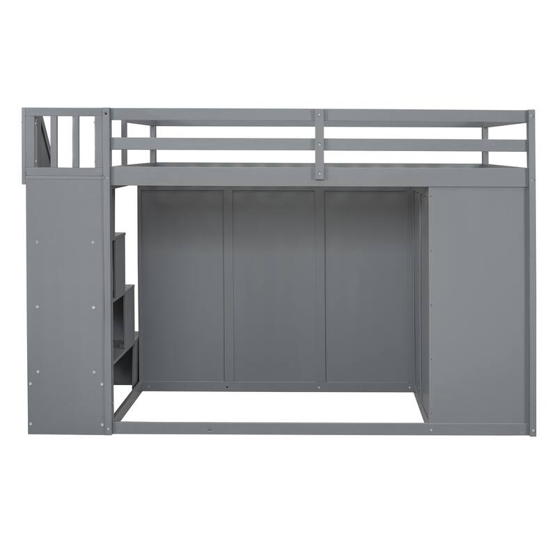 Full Size Gray Wood Loft Bed with Built-in Wardrobes, Cabinets, and Drawers