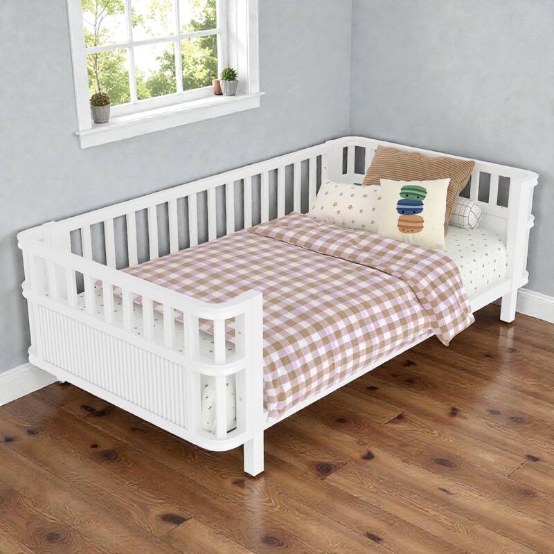 Kids Metal and Wood Platform Bed with Safety Rails, Low Profile Twin Full Children Bed for Boys and Girls