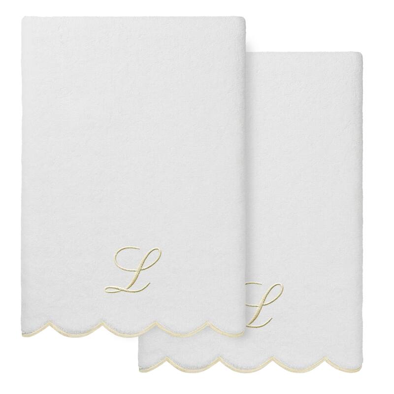 Authentic Hotel and Spa 100% Turkish Cotton Beige ADORNIA Scallop Personalized 2 Piece Bath Towel Set - 2 Bath Towels - L