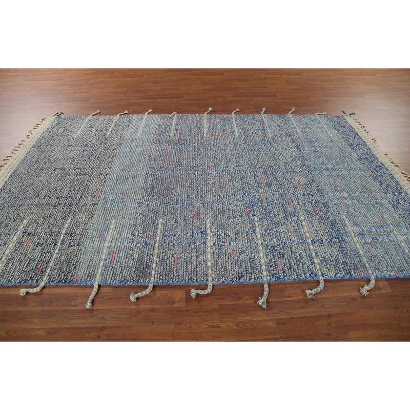 Gray & Blue Striped Moroccan Area Rug Hand-Knotted Wool Carpet - 5'9"x 9'8"