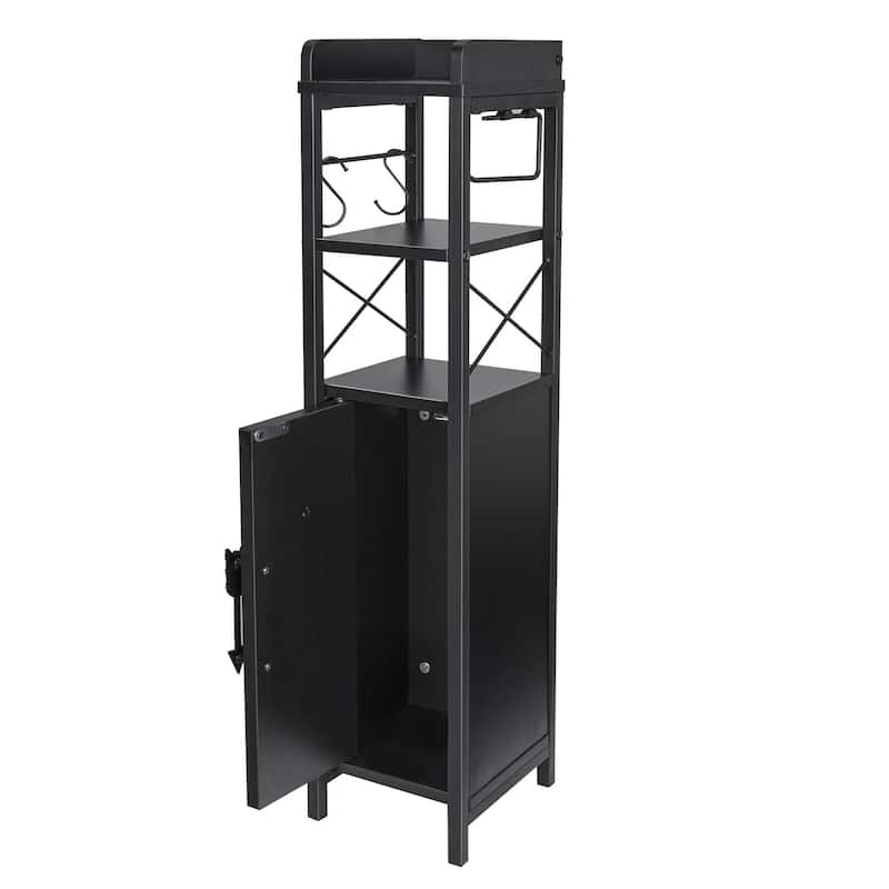 VECELO Slim Bathroom Floor Cabinet with Shutter Door 3-Tier Storage Shelf with Hooks Freestanding Cabinet for Bedroom, Entryway