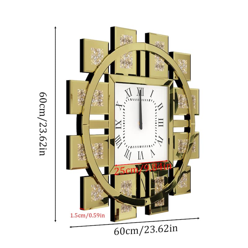 Gold/Silver Irregular Luxury Mirrored Wall Clock w/Crushed Diamond Inlay - 23.62x23.62 inch
