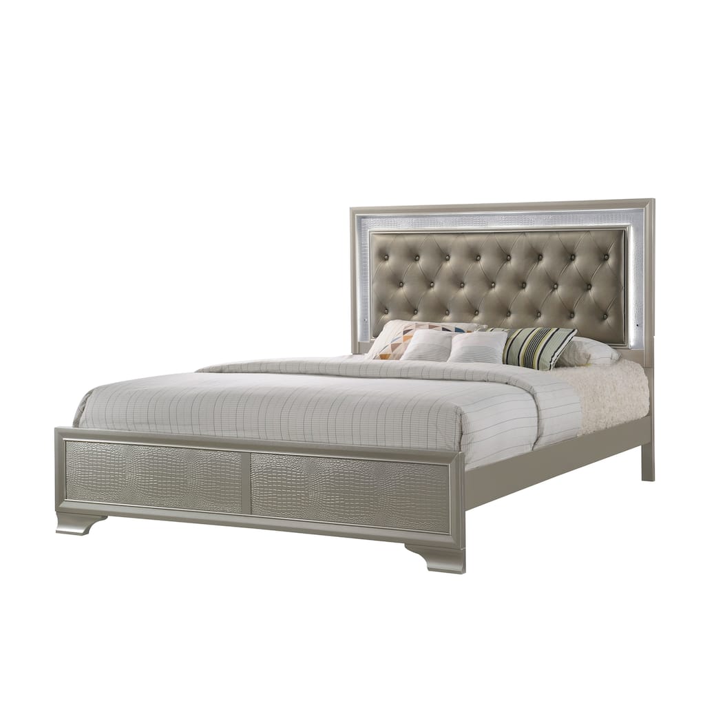 Kym Champagne LED Faux Leather Upholstered Tufted Panel Bed