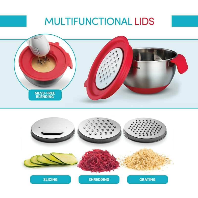 Stainless Steel Mixing Bowls Set of 3, with Lids & Graters,