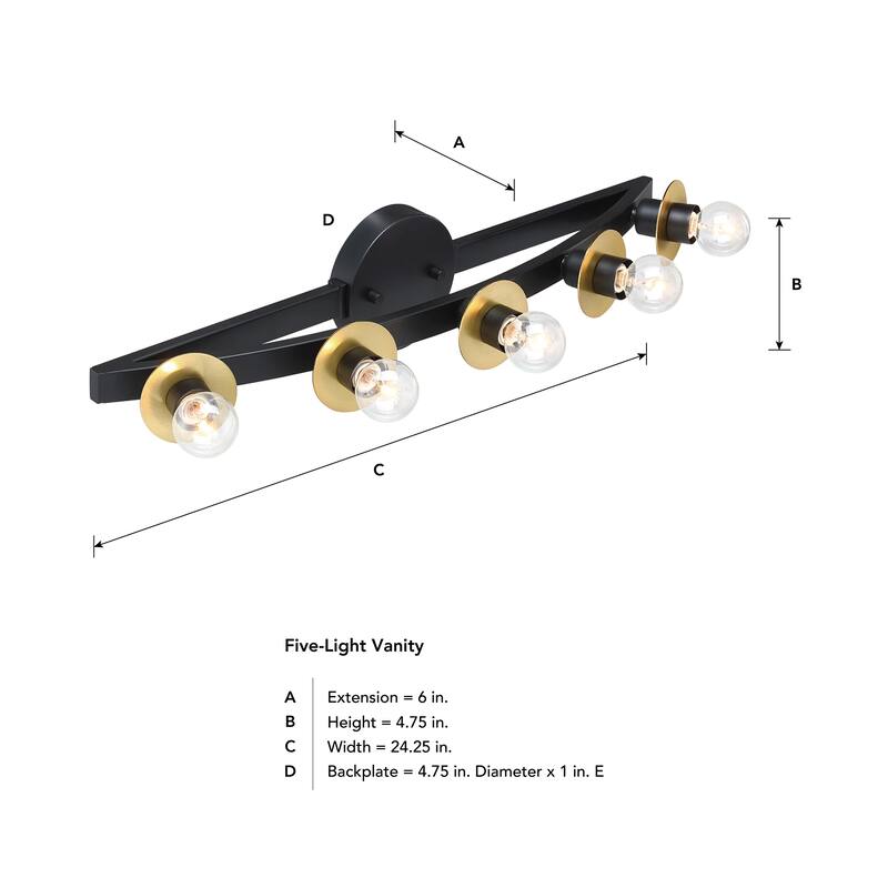 Harmoni 24.25 in. 5-Light Matte Black Vanity Light with Brushed Gold Disk Accents for Bathrooms