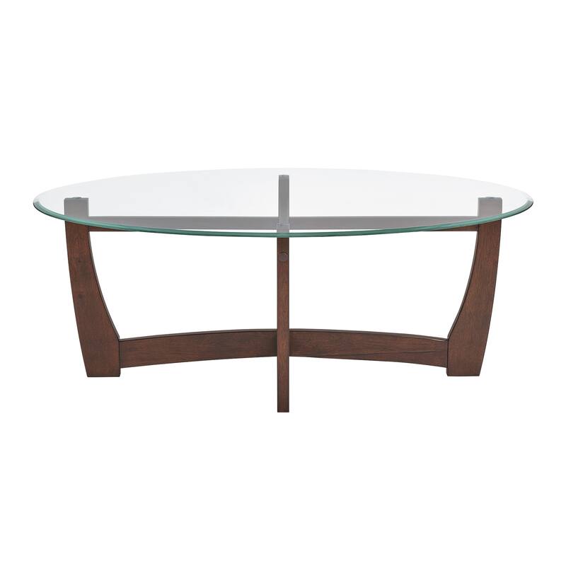 Roomfitters 48-Inch Oval Glass Coffee Table with Metal Frame and Faux Marble MDF Shelf, Modern Center Table, Living Room