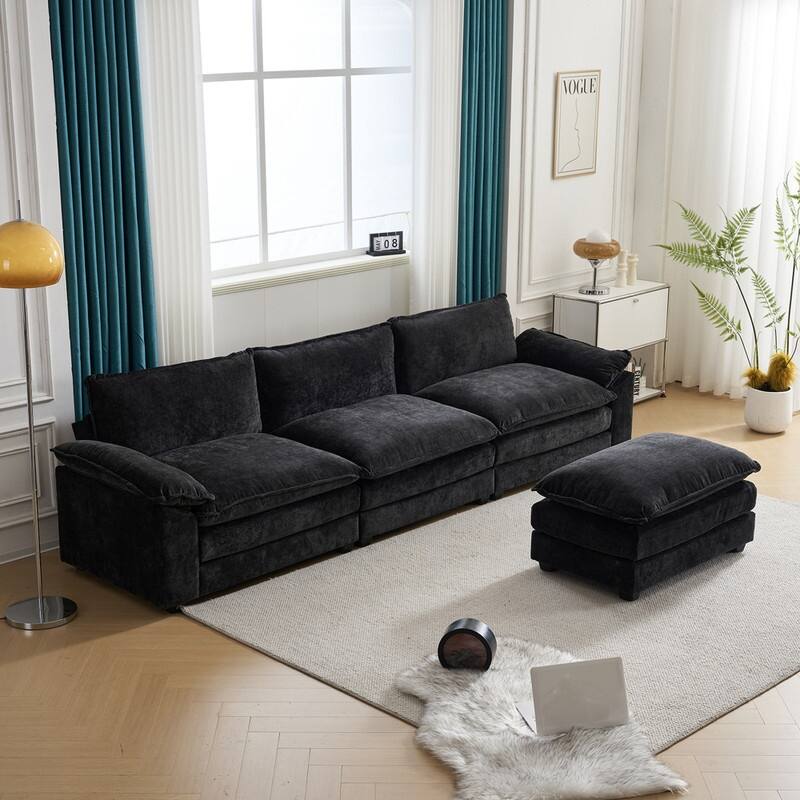 Double Layer Cushion Cloud Couch, Moludar Sofa With Reversible Ottoman For Living Room