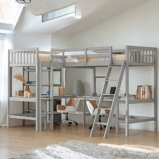 Wood Twin Size L-Shaped Loft Bed with Ladder and 2 Built-in Desks, Gray