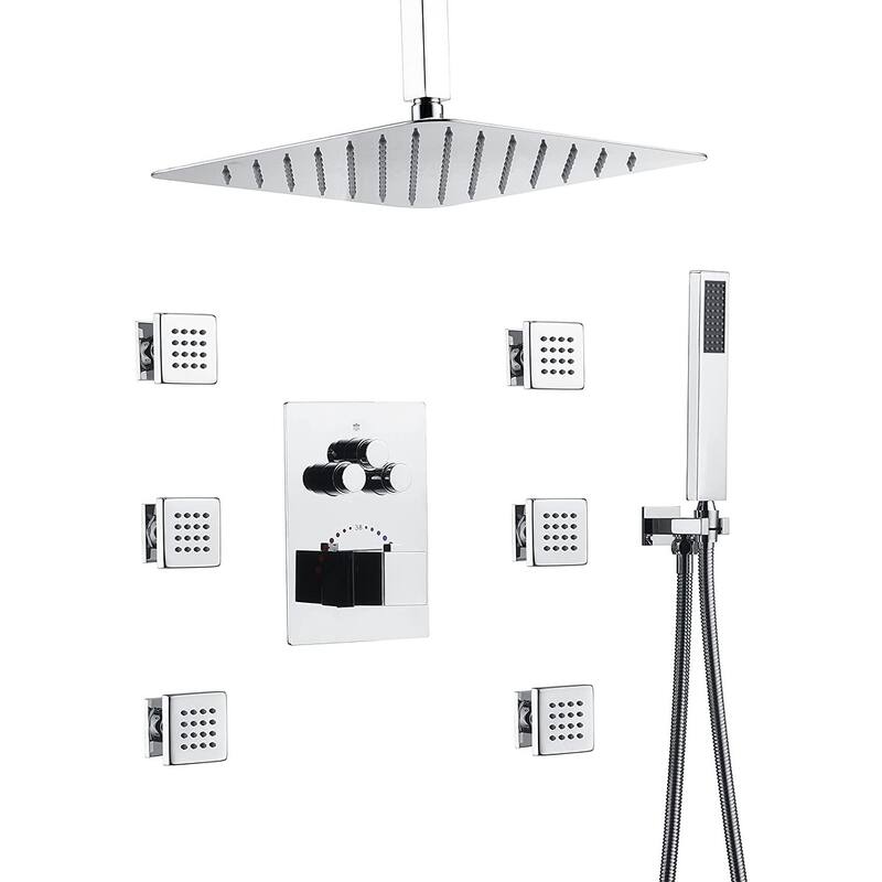 12" Ceiling Rainfall 3 Way Thermostatic Faucet Shower System w/6 Body Jets - Chrome