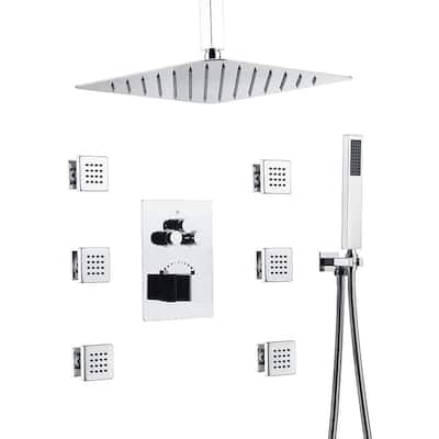 16" Ceiling Mount Rainfall 3 Way Thermostatic Faucet Shower System with 6 Body Jets