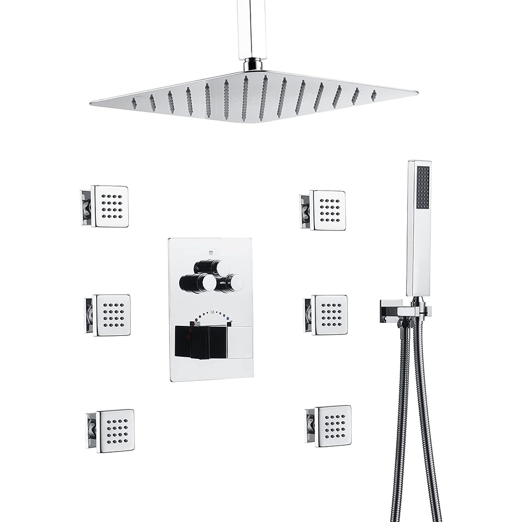 16" Ceiling Mount Rainfall 3 Way Thermostatic Faucet Shower System with 6 Body Jets
