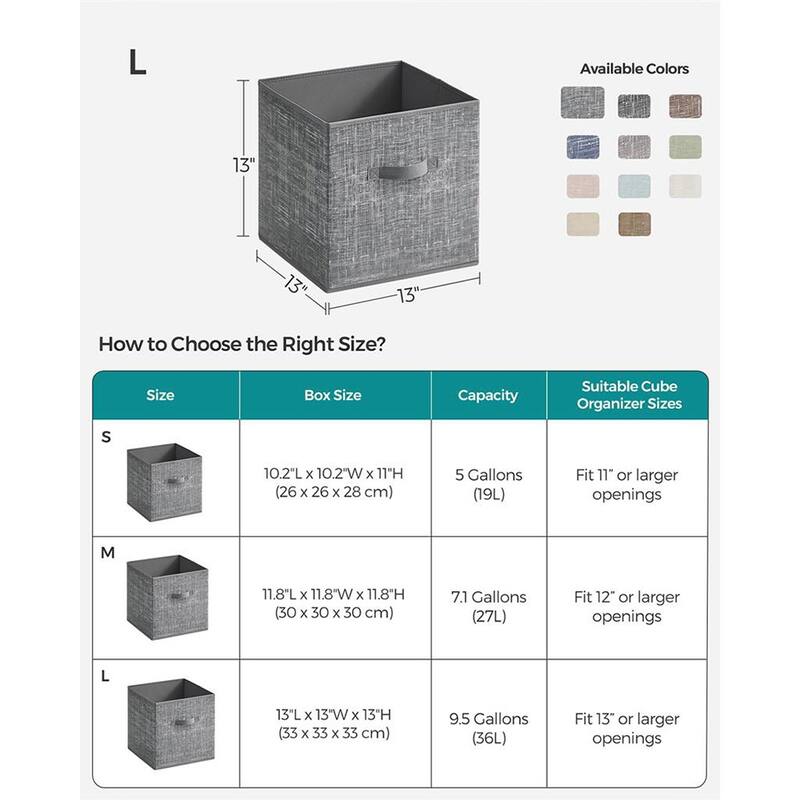 13 Inch Set of 6 Fabric Foldable Storage Cubes with Handles for Closet or Bedroom Organization - 13”L x 13”W x 13”H