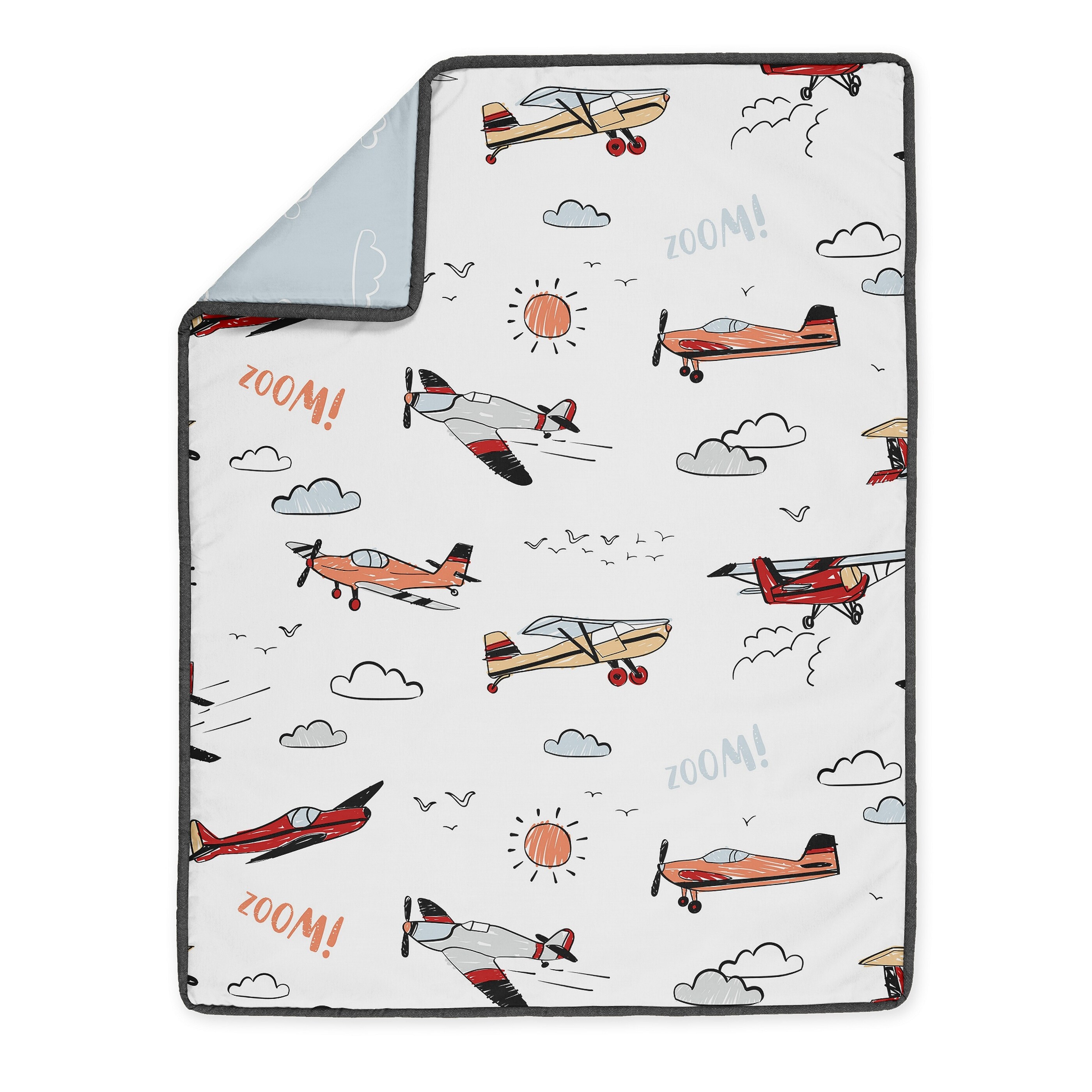 Vintage Airplane Boy 4pc Nursery Crib Bedding Set Grey Yellow Orange Red White Blue Airplanes Air Plane Transportation Clouds Bed Bath Beyond 35487548