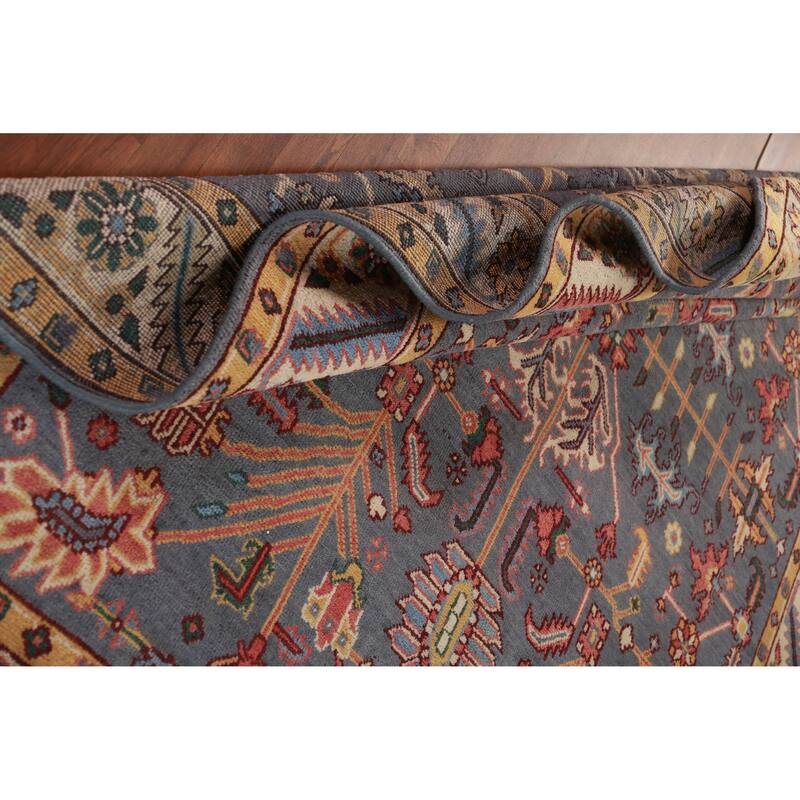 Gray Blue Geometric Oushak Oriental Area Rug Hand-Knotted Wool Carpet - 7'10" x 9'10"