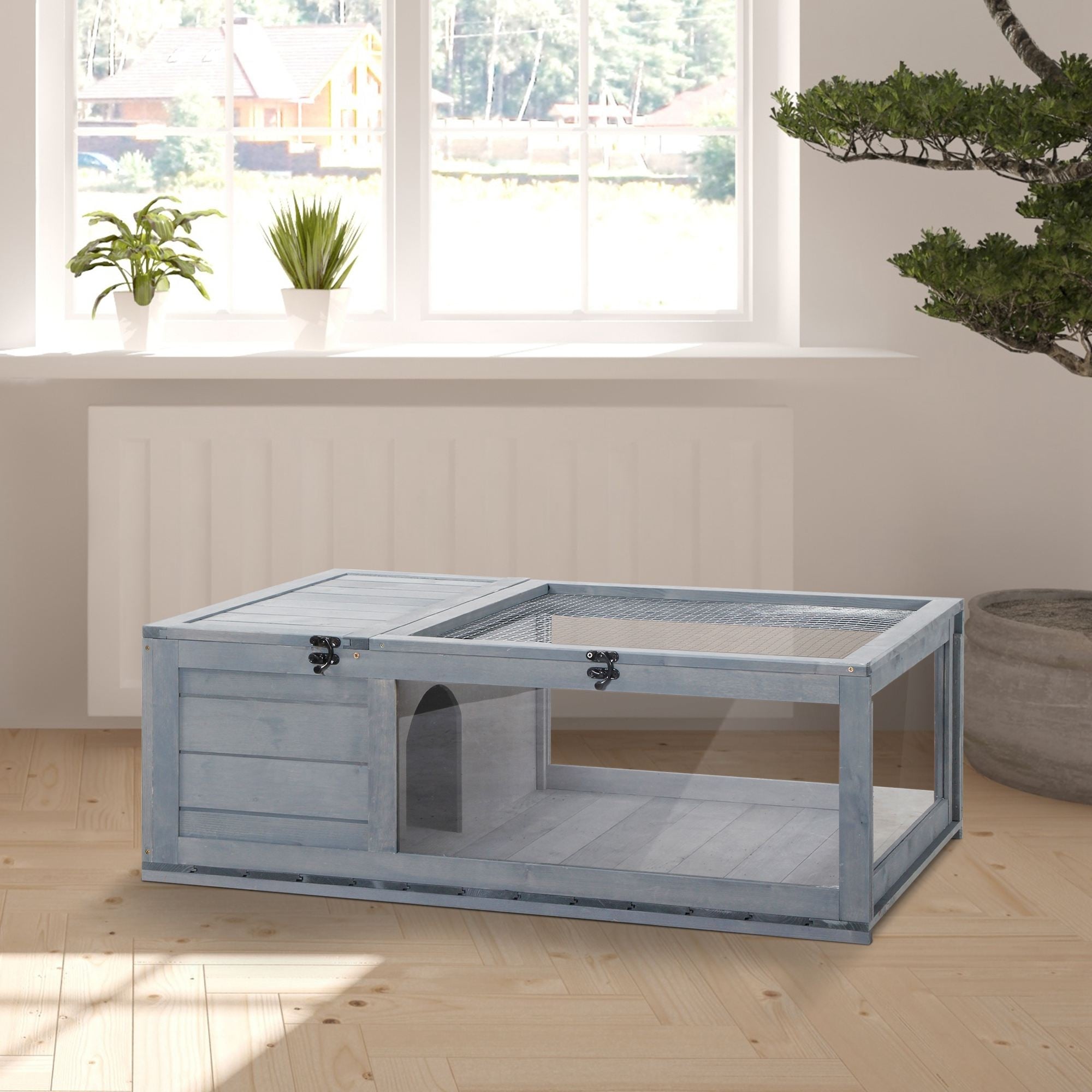 Pawhut Wood Tortoise House Indoor Outdoor Turtle Habitat Reptile Cage for Lizards, Geckos 36" x 24" x 12.5"