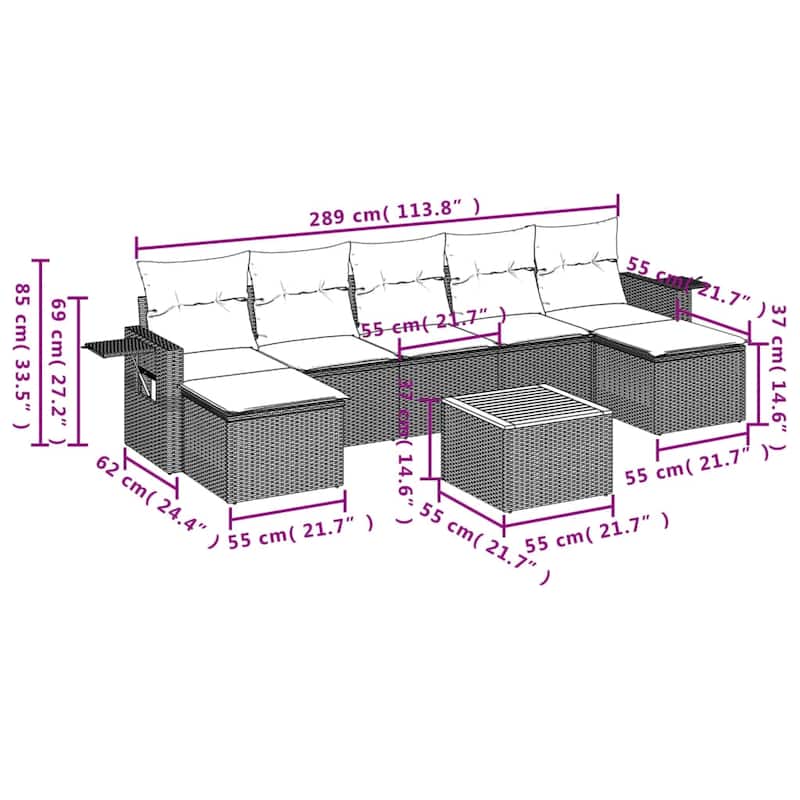 vidaXL 8 Piece Patio Sofa Set with Cushions Black Poly Rattan - 24.4 x 24.4 x 27.2