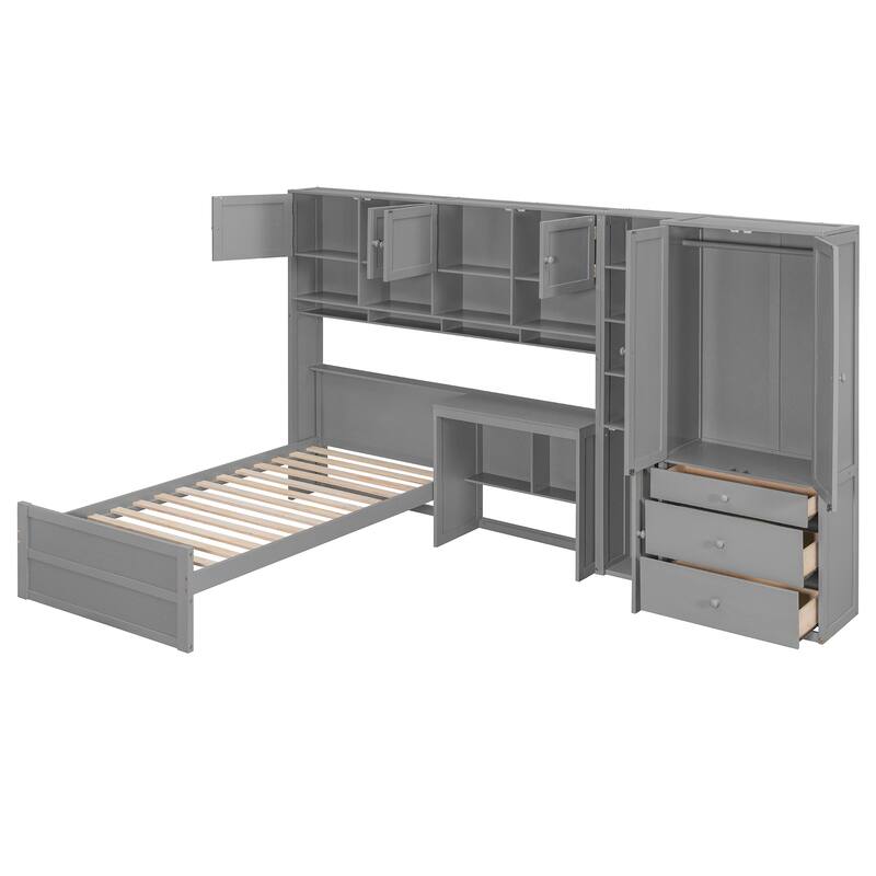 Twin Size Wood Platform Bed with Built-in Desk, Wardrobe, Cabinets & Drawers
