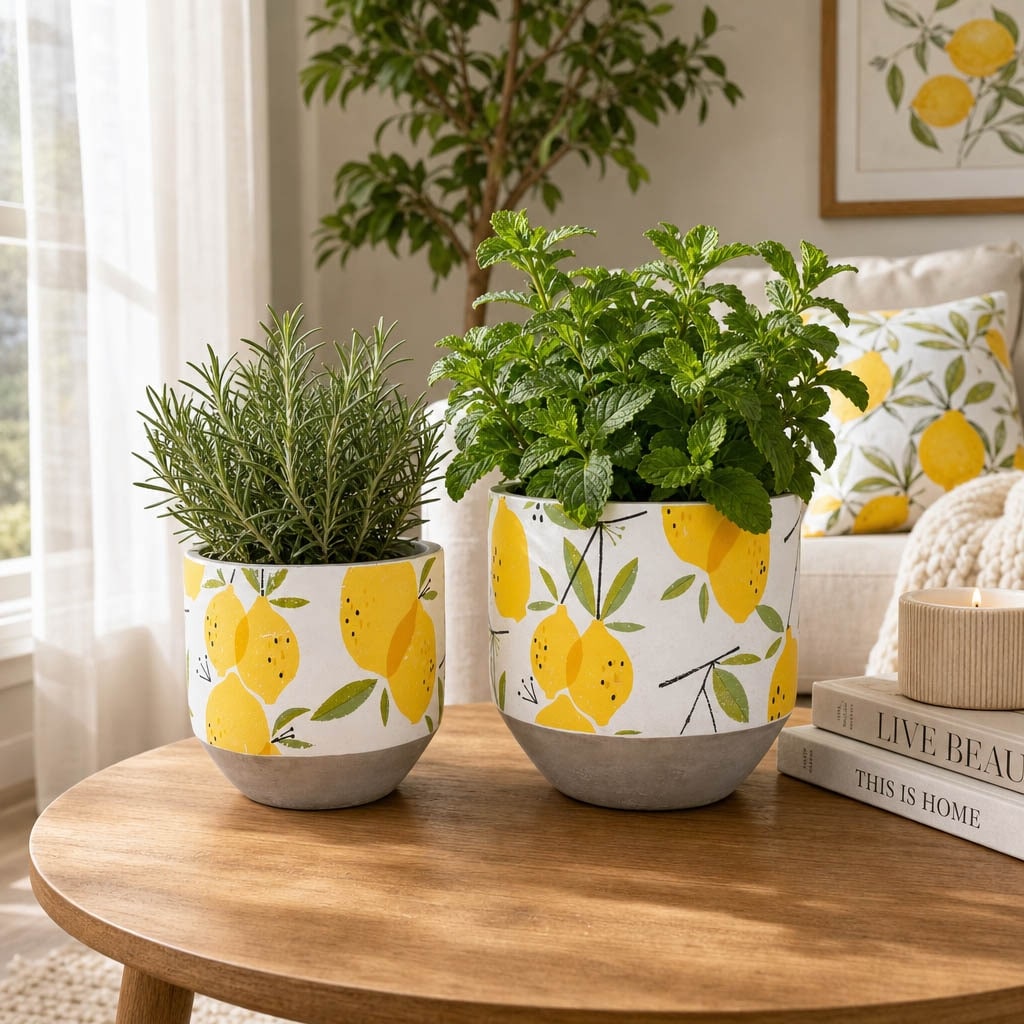 Plant Pot Set of 2 - Yellow Ceramic Growing Lemons, 6/7" - 7.0"