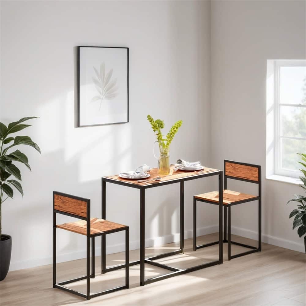 3-Piece Wood Industrial Dining Table Set with Steel Legs