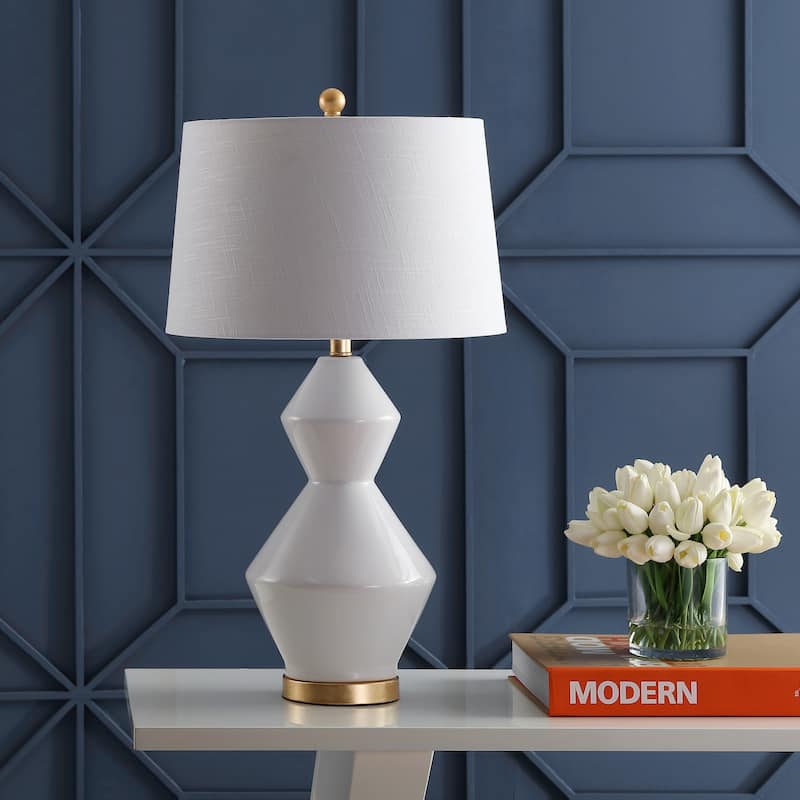 Astor 29" Geometric Ceramic/Metal LED Table Lamp, White/Gold Leaf by JONATHAN Y