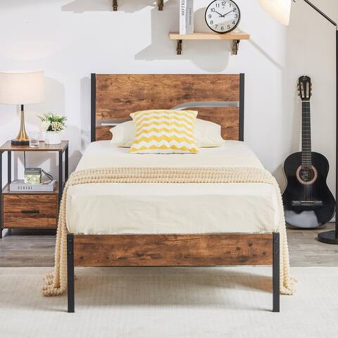 VECELO Queen Size Bed Industrial Platform Bed Frame with Wood Headboard,Easy Set up