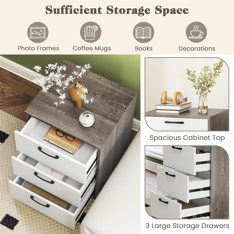 1/2 PCS Nightstand w/ 3 Drawers Modern Bedside Table w/ Gray Grain