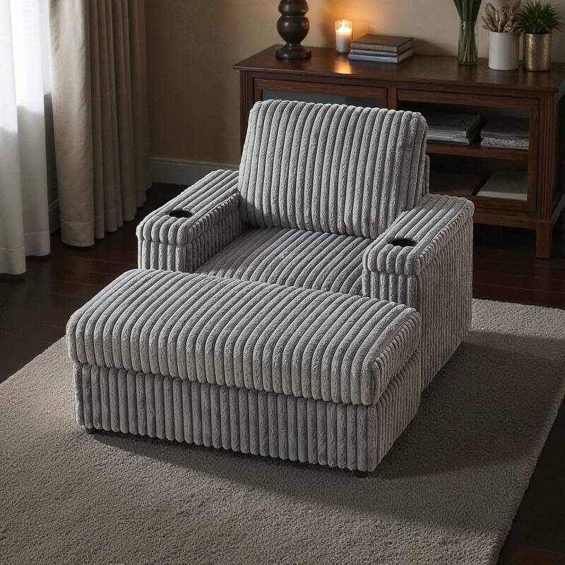 42.5" Corduroy Single Recliner Chair with Cup Holder, Storage Footrest, Armrest Storage and Backrest Pillow - Grey