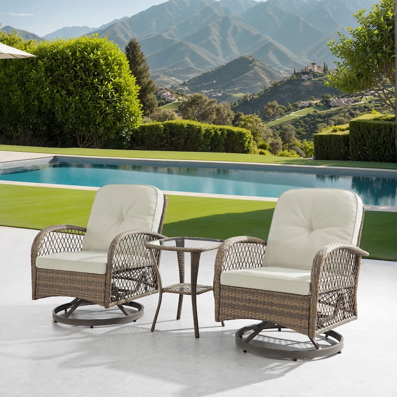 Corvus Helicon 3-Piece Outdoor Wicker Swivel Chat Set with Cushions and Glass Side Table