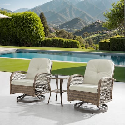 Corvus Helicon 3-Piece Outdoor Wicker Swivel Chat Set with Cushions and Glass Side Table