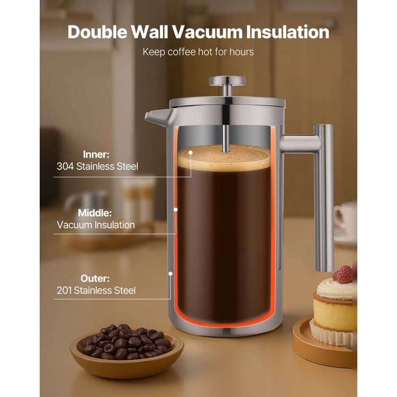 Silver Stainless Steel French Press Coffee Maker Portable
