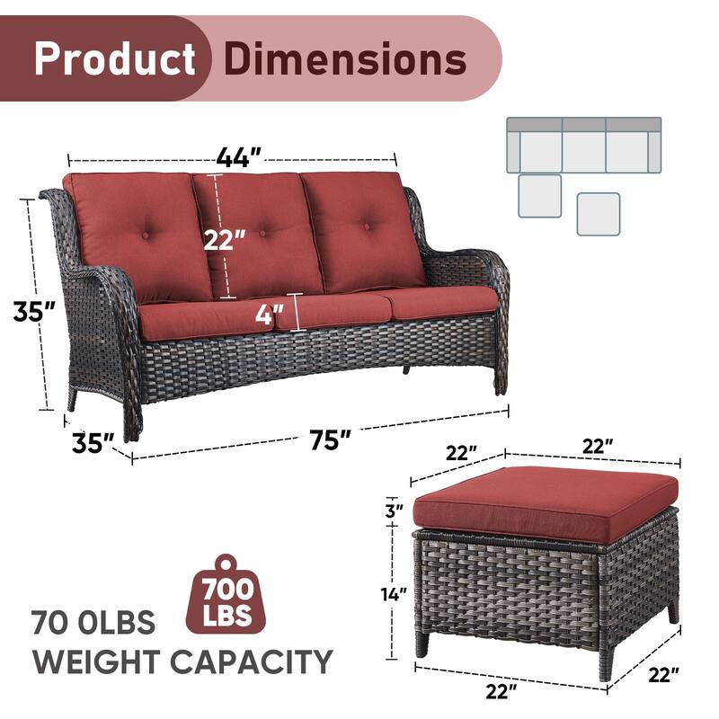 Gymojoy Patio Wicker 3-Seat Sofa with Ottoman Weather-resistance