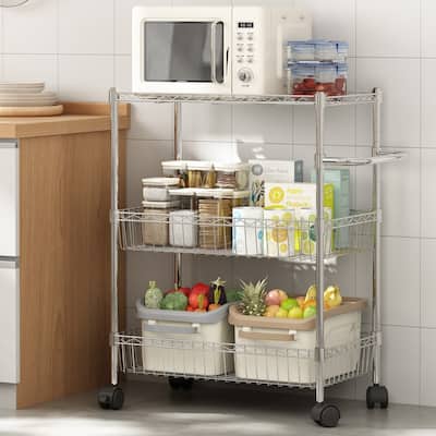 3 Tier Rolling Storage Cart, Adjustable Wire Storage Shelving Unit, Kitchen Organizer Cart Wire Rack On Wheels