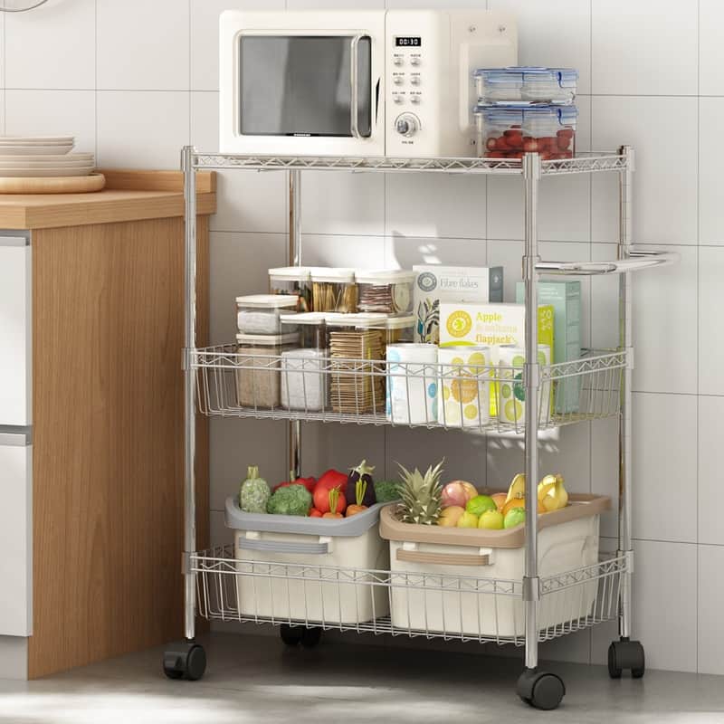 3 Tier Rolling Storage Cart, Adjustable Wire Storage Shelving Unit, Kitchen Organizer Cart Wire Rack On Wheels