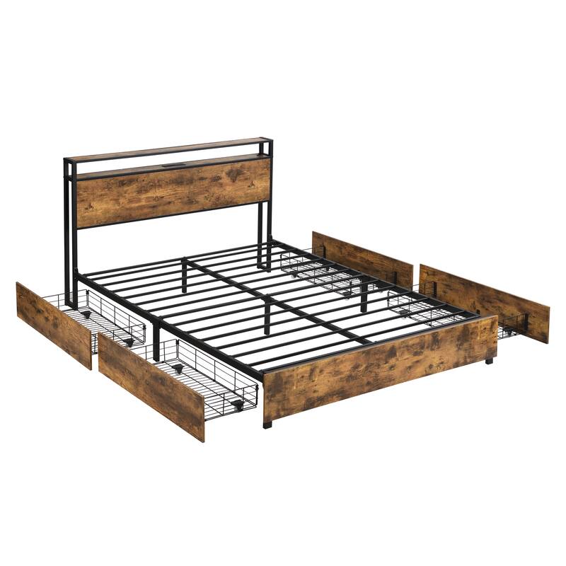 Smart Platform Bed Frame with Storage Drawers, LED Lights and Charging Station Headboard, No Box Spring Needed
