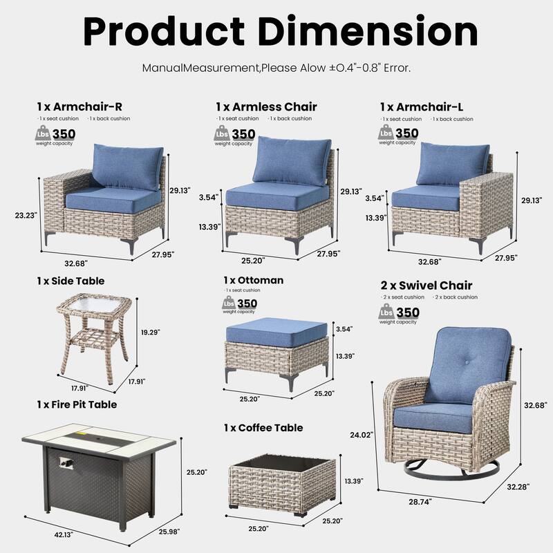 OVIOS 9-Piece Outdoor Chaise Lounge Sofa Set​ With Fire Pit​