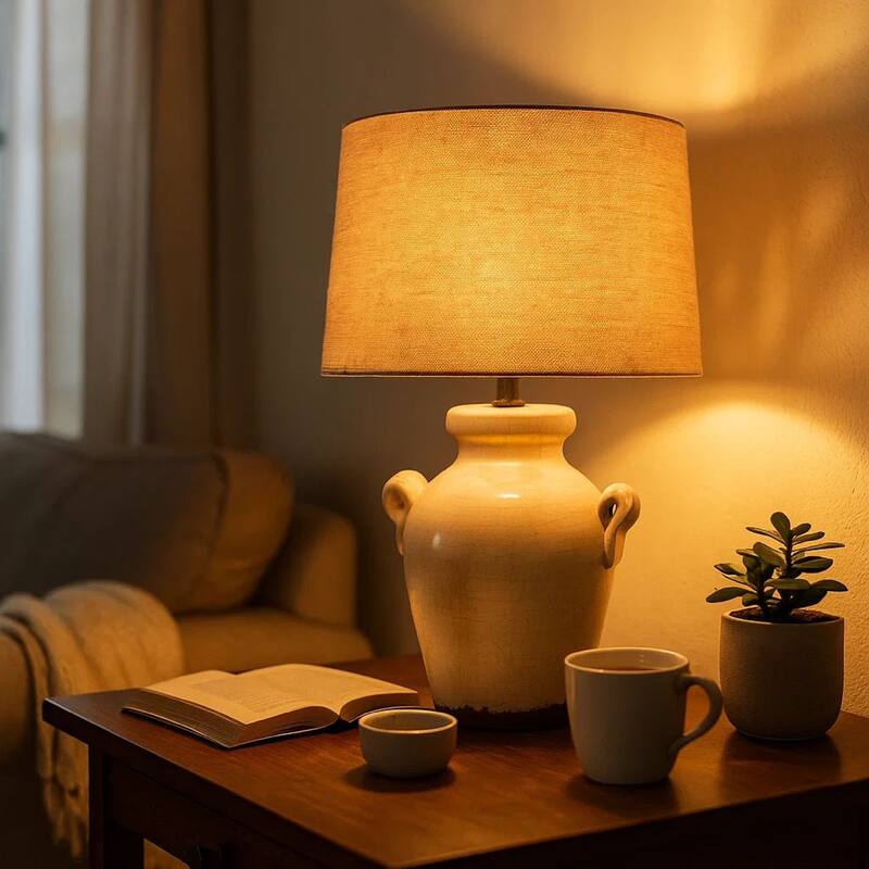 Ceramic Table Lamp with Vase Shaped Body and Fabric Shade, White and Beige