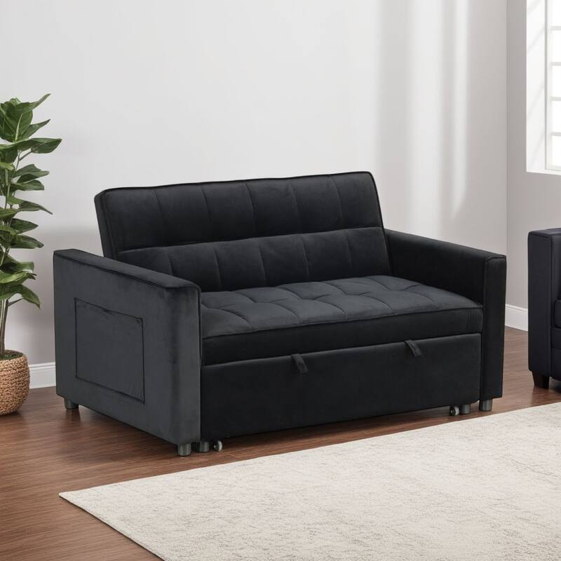 Marve Convertible Sleeper Loveseat, Side Pockets, Black Velvet 54 Inch
