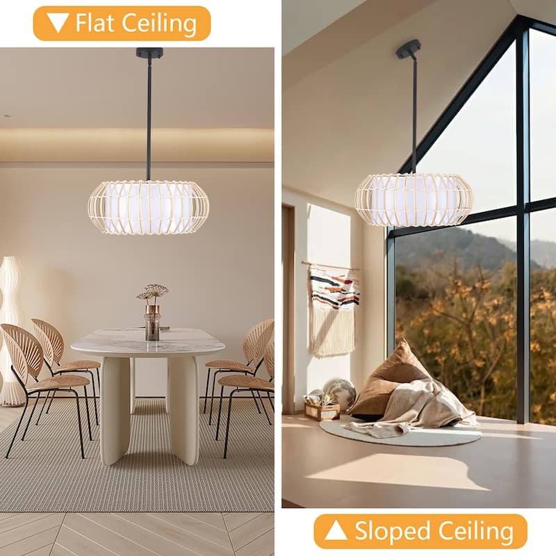 3 - Light Dimmable Rattan - Wrapped Oval Drum Chandelier - Black - N/A