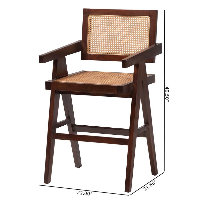 Kresna Rattan Counter Stool with Mahogany Wood - Handwoven Counter Height Chair with Cane, Seating for Kitchen Island or Dining