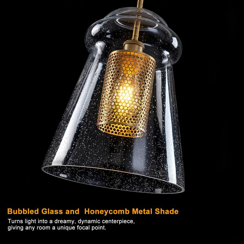 Modern Gold Kitchen Island Pendant Light with Clear Seeded Glass Shade - Dia.11.5-in