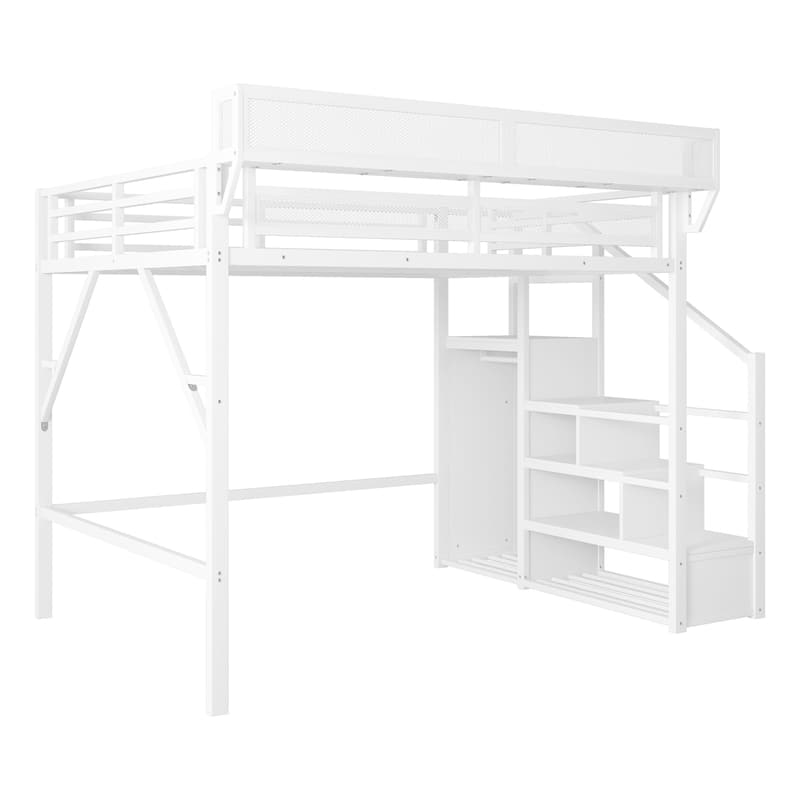 Metal White Queen Loft Bed w/ Stairs Storage Shelves & Wardrobe