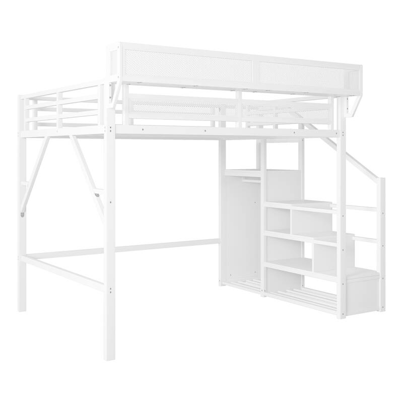Queen Size Loft Bed with Stairs, Metal Queen Loft Bed with Storage Shelves, High Loft Bed with Wardrobe for Kids Teens