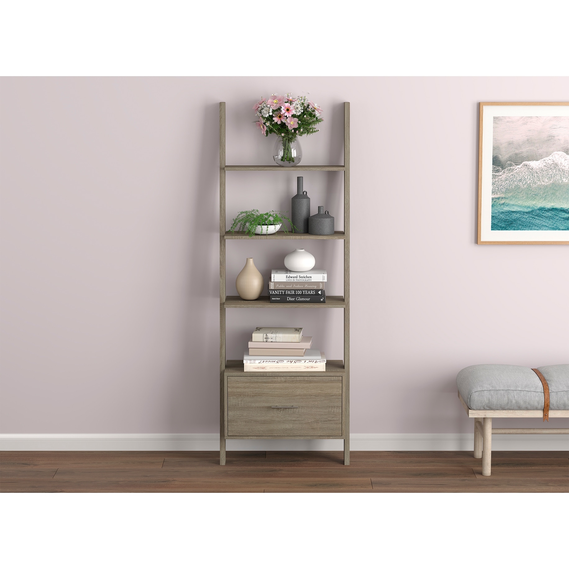 Wall Shelf 69H Dark Taupe 3 Shelves 1 Drawer - 15.63