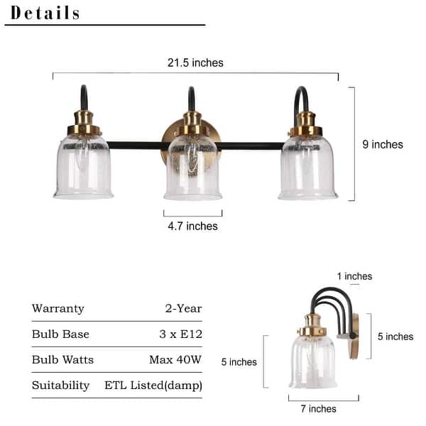 dimension image slide 1 of 3, Kesa Modern 2/3-Light Black Gold Bathroom Vanity Lights Seeded Glass Bell Wall Sconces