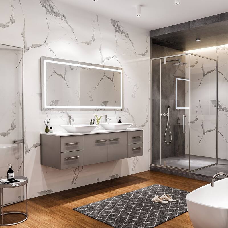 Totti Wave 72 inch Gray Modern Double Sink Bathroom Vanity with White Glassos Countertop & Porcelain Vessel Sinks