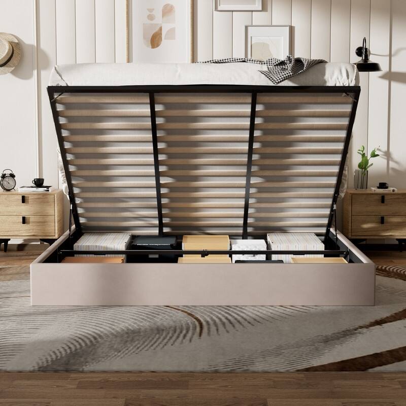 Plywood Frame Upholstered Platform Bed with Lift-up Storage