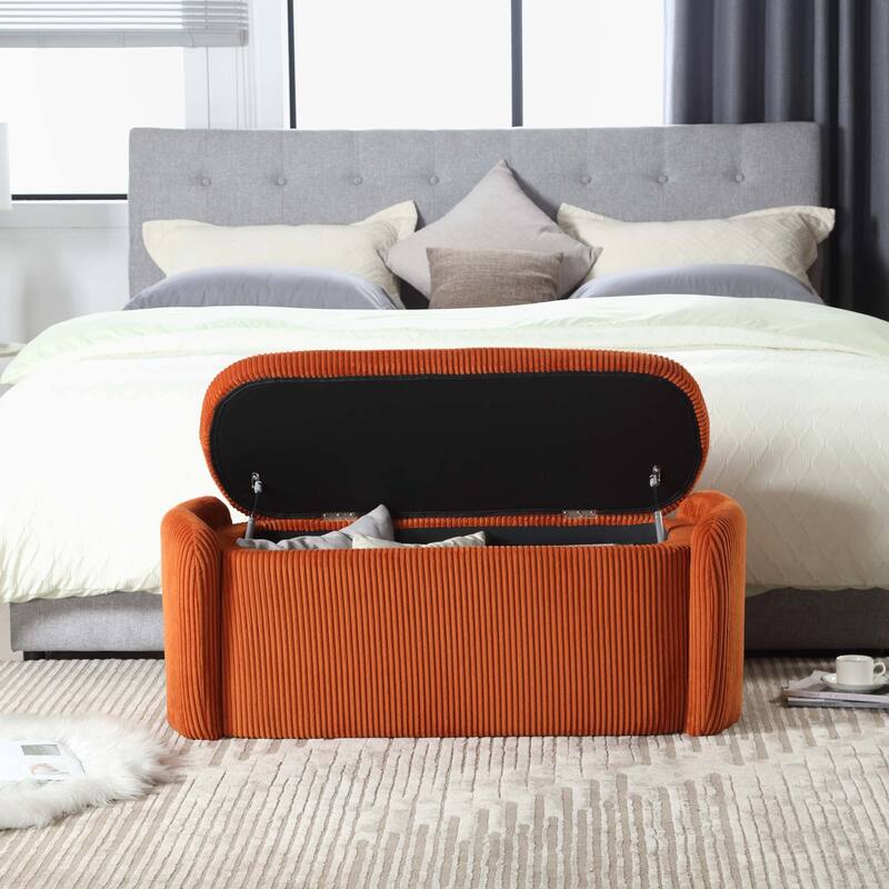 Bedroom Storage Ottoman End Bench with Safety Hinge - Orange-Corduroy