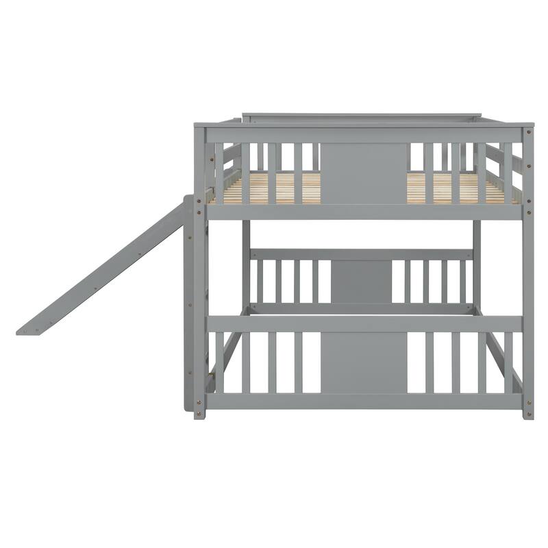 Full over Full Bunk Bed with Built-in Ladder and Slide, Wooden Full Size Floor Bunk Bed Frame